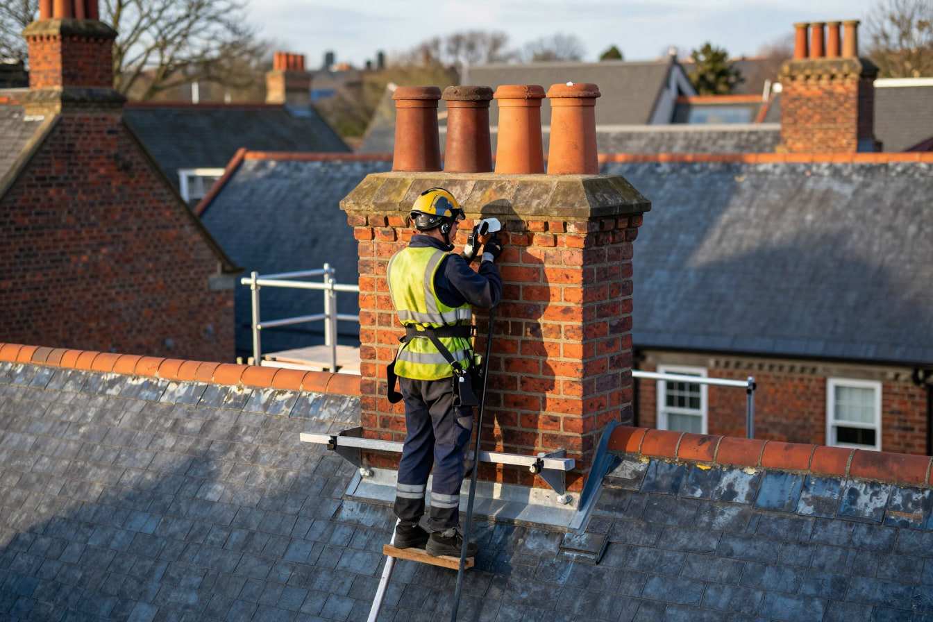 Roofer repointing a red brick chimney stack with terracotta pots from a scaffold platform on a slate roof