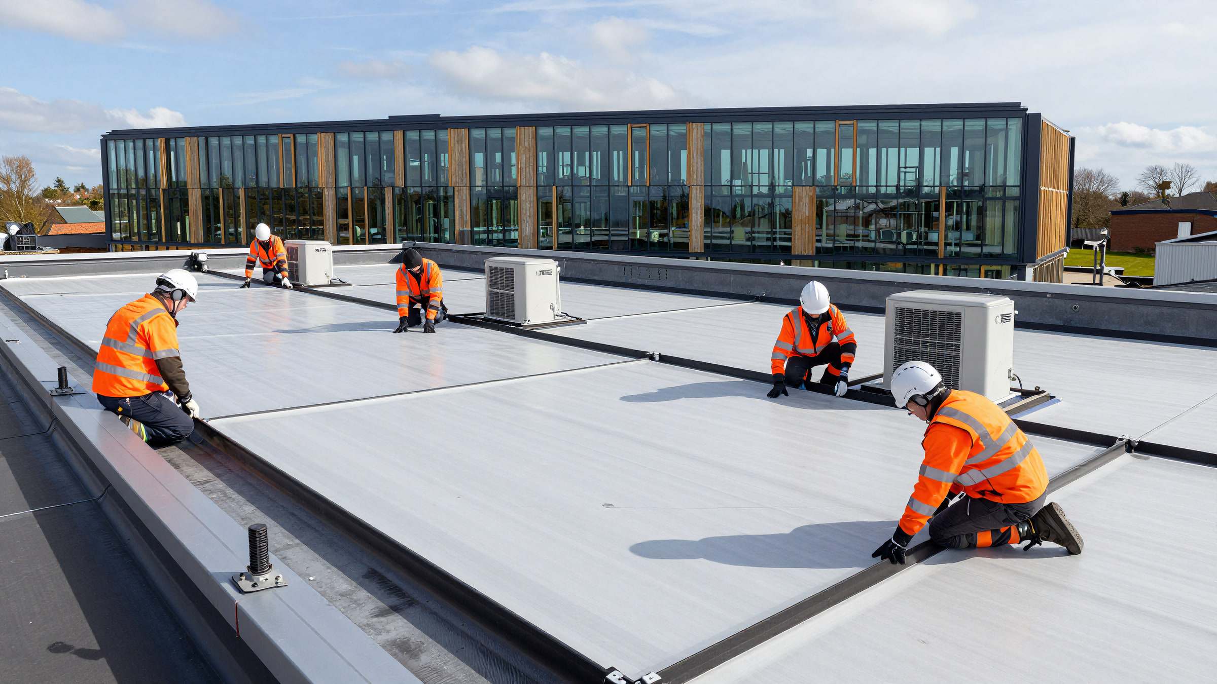 Roofers installing a single-ply membrane on a commercial office roof in Cambridge