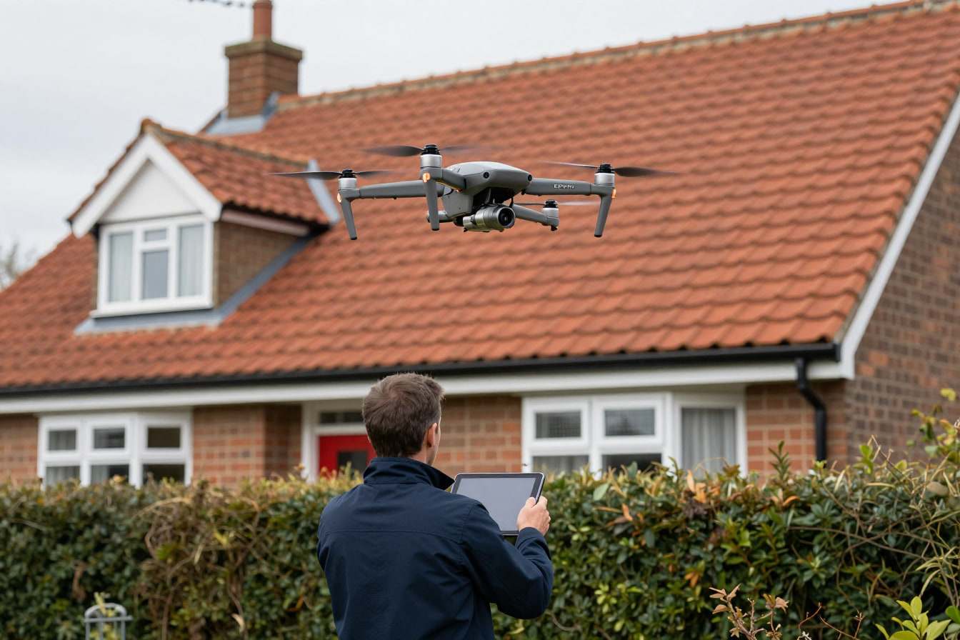 A drone hovering over a clay tile roof in Cambridge while a roofer reviews the footage on a tablet