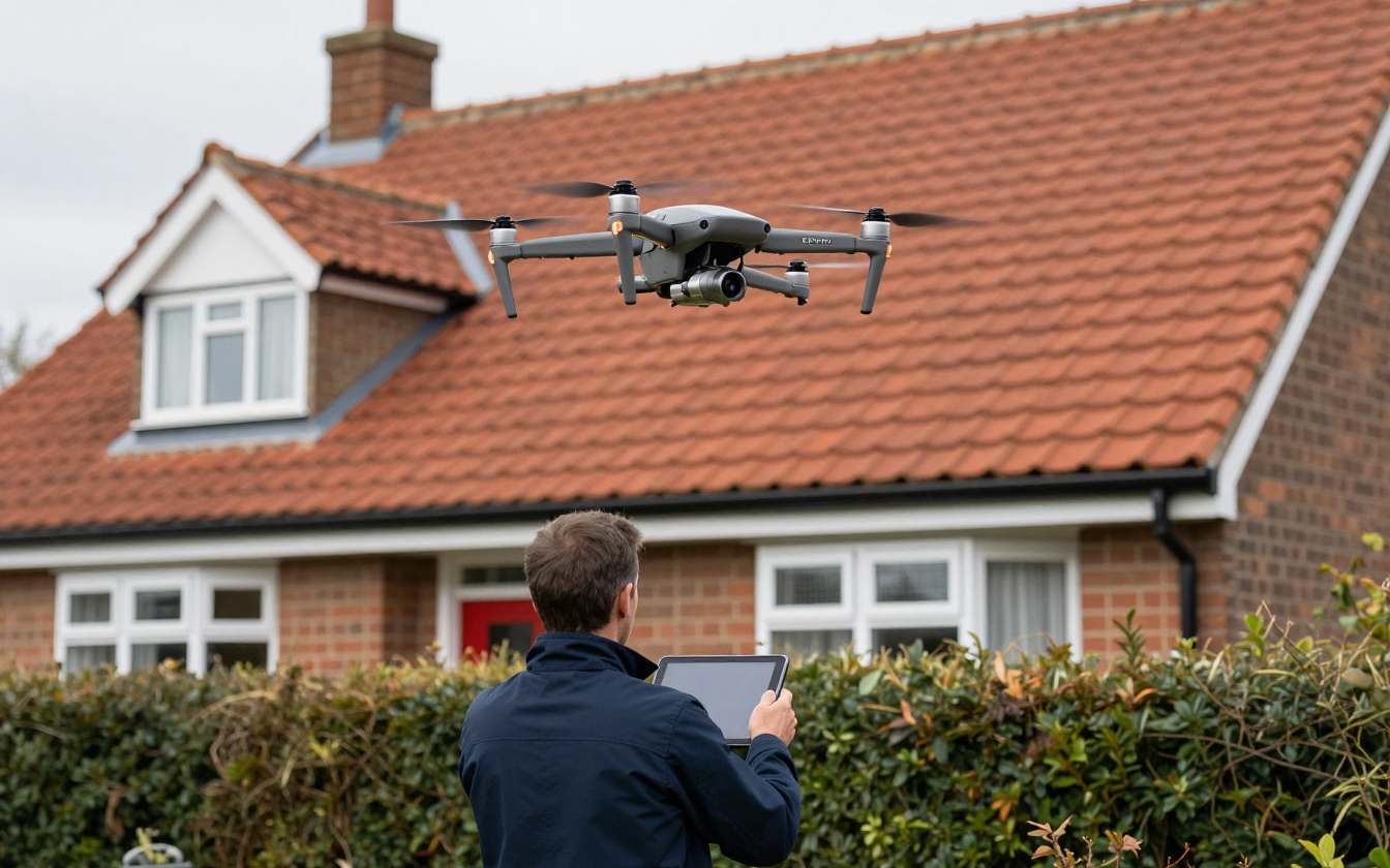 A small drone hovering over the clay tile roof of a brick house while a roofer watches from behind a garden hedge