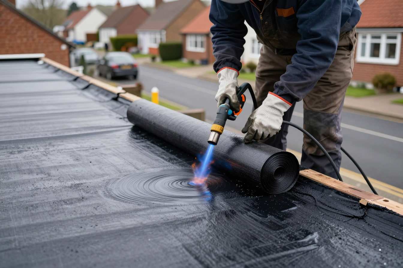Roofer using a gas torch to lay torch-on bitumen felt on a flat garage roof