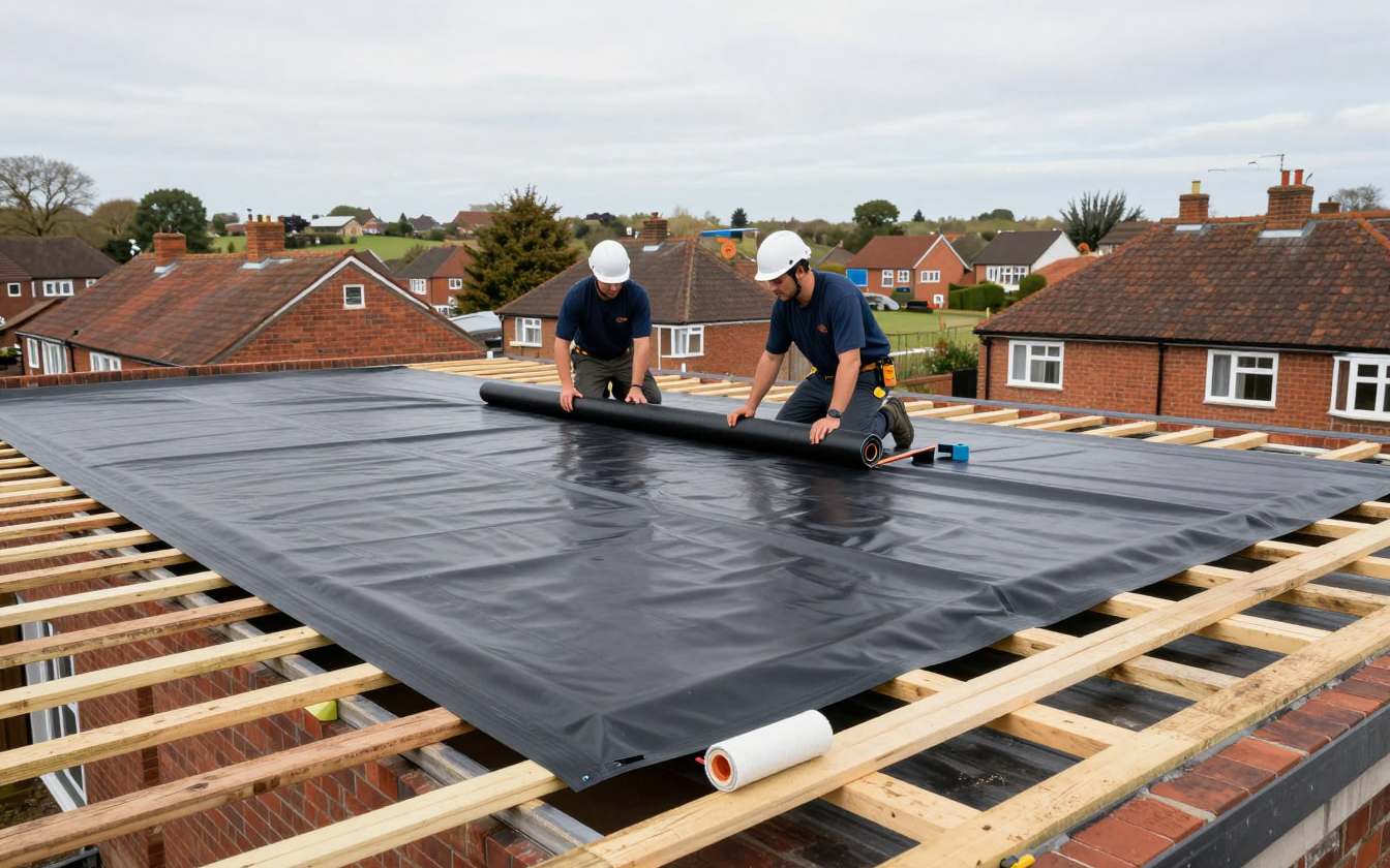 Roofers laying a new black EPDM rubber membrane over the deck of a flat garage roof