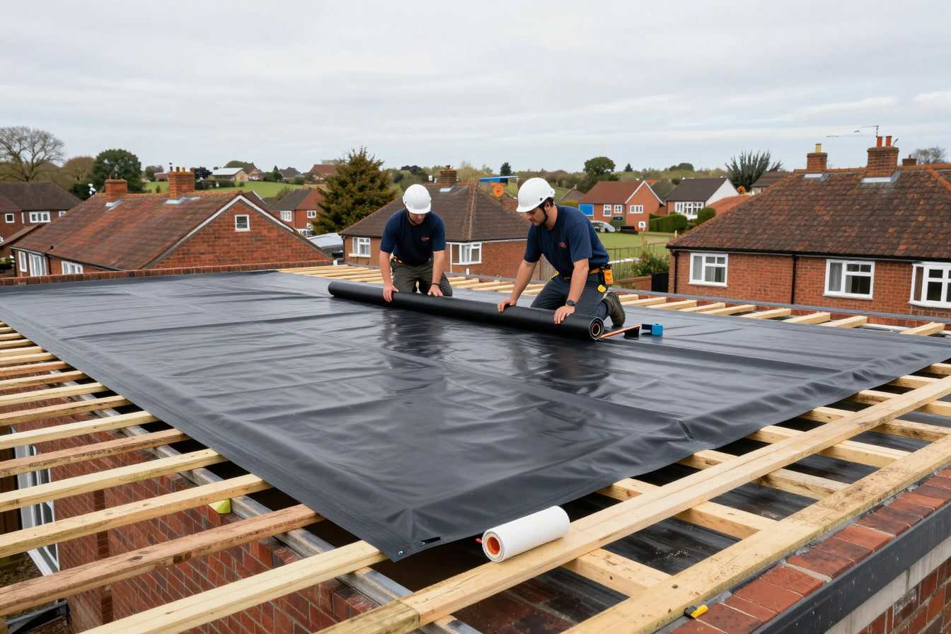 Two roofers unrolling a single sheet of black EPDM rubber membrane across a flat roof deck