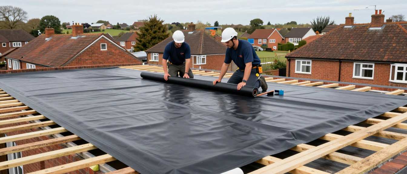 Roofers laying a new black EPDM rubber membrane over the deck of a flat garage roof