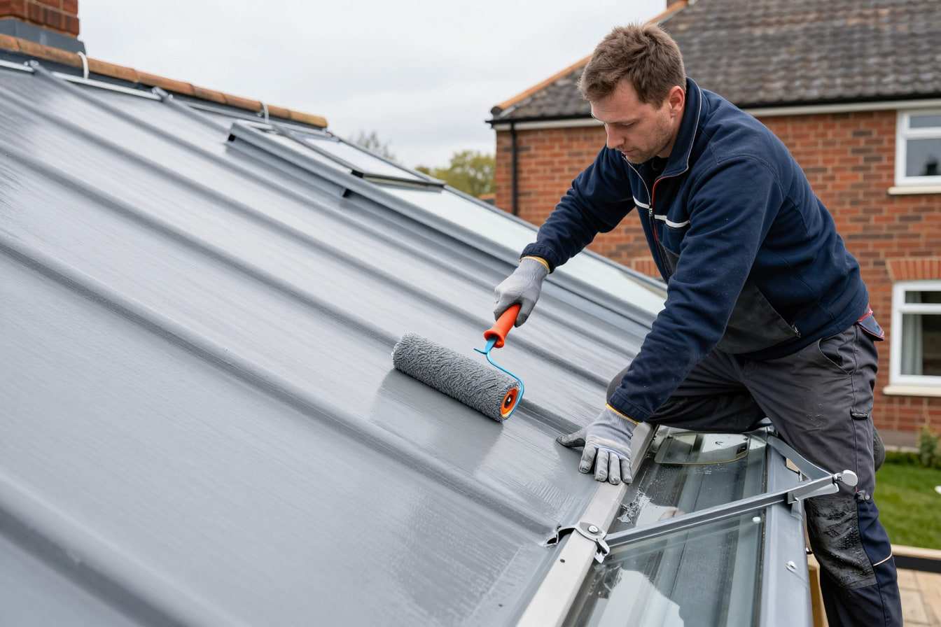 A roofer rolling a grey GRP topcoat onto a fibreglass flat roof next to a glazed rooflight