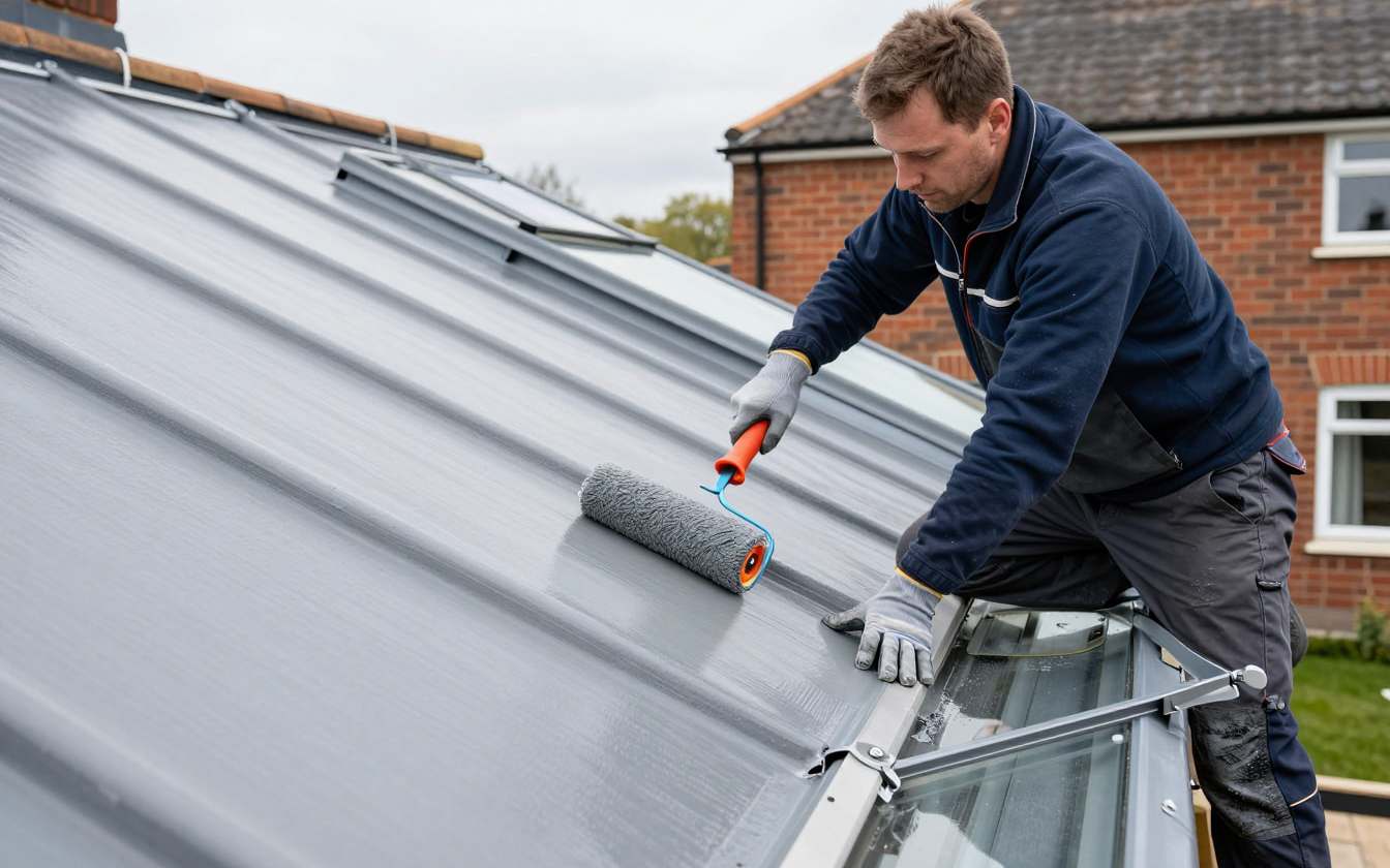 A roofer rolling a grey topcoat onto a GRP fibreglass flat roof beside a rooflight