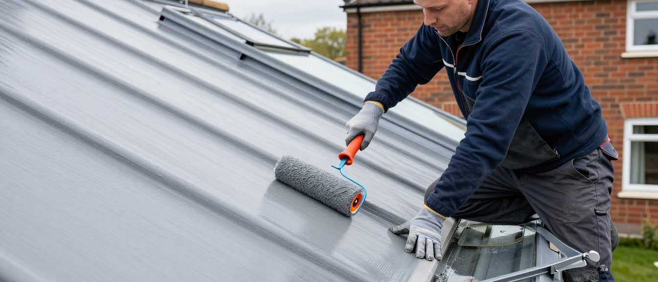 A roofer rolling a grey topcoat onto a GRP fibreglass flat roof beside a rooflight