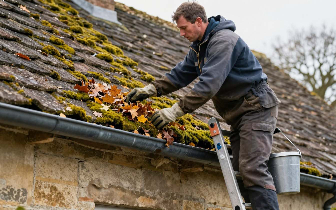 Leaves and silt being cleared from a blocked uPVC gutter at the eaves of a brick house in autumn