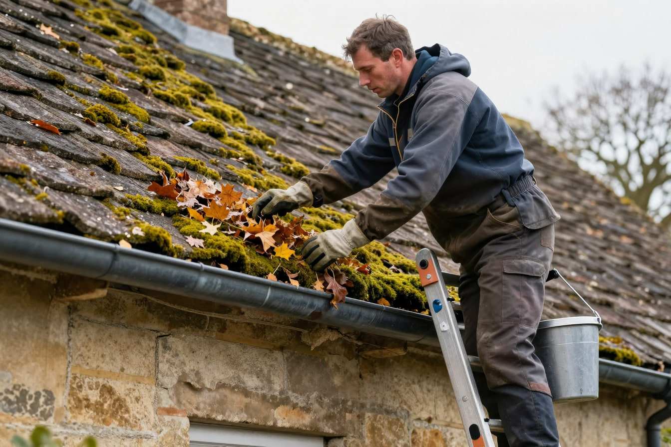 Roofer on a ladder clearing autumn leaves and moss from a gutter below a mossy concrete tile roof