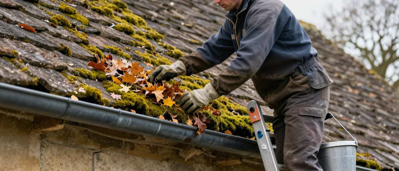 Leaves and silt being cleared from a blocked uPVC gutter at the eaves of a brick house in autumn