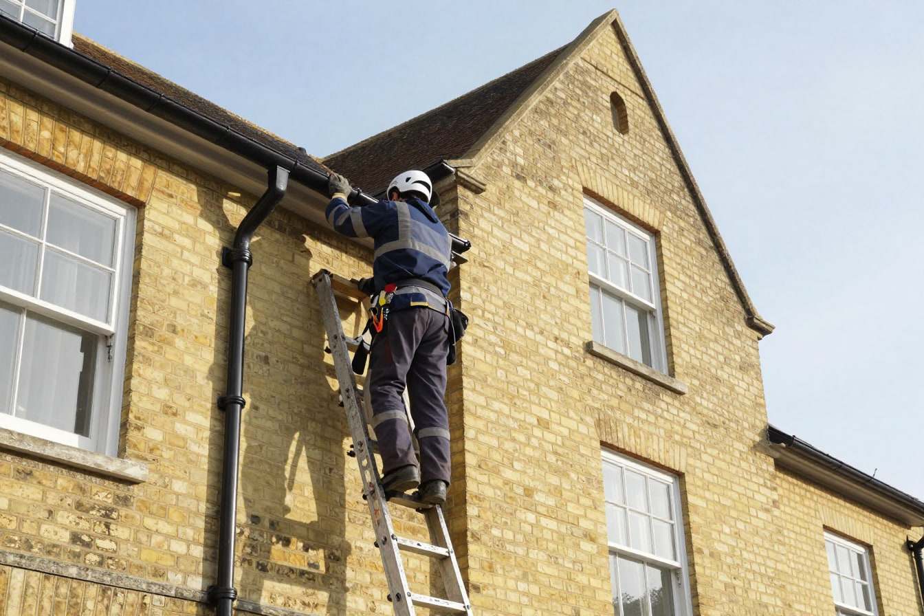 Roofer on a ladder fitting a black gutter and downpipe to the eaves of a pale gault brick house in Cambridge