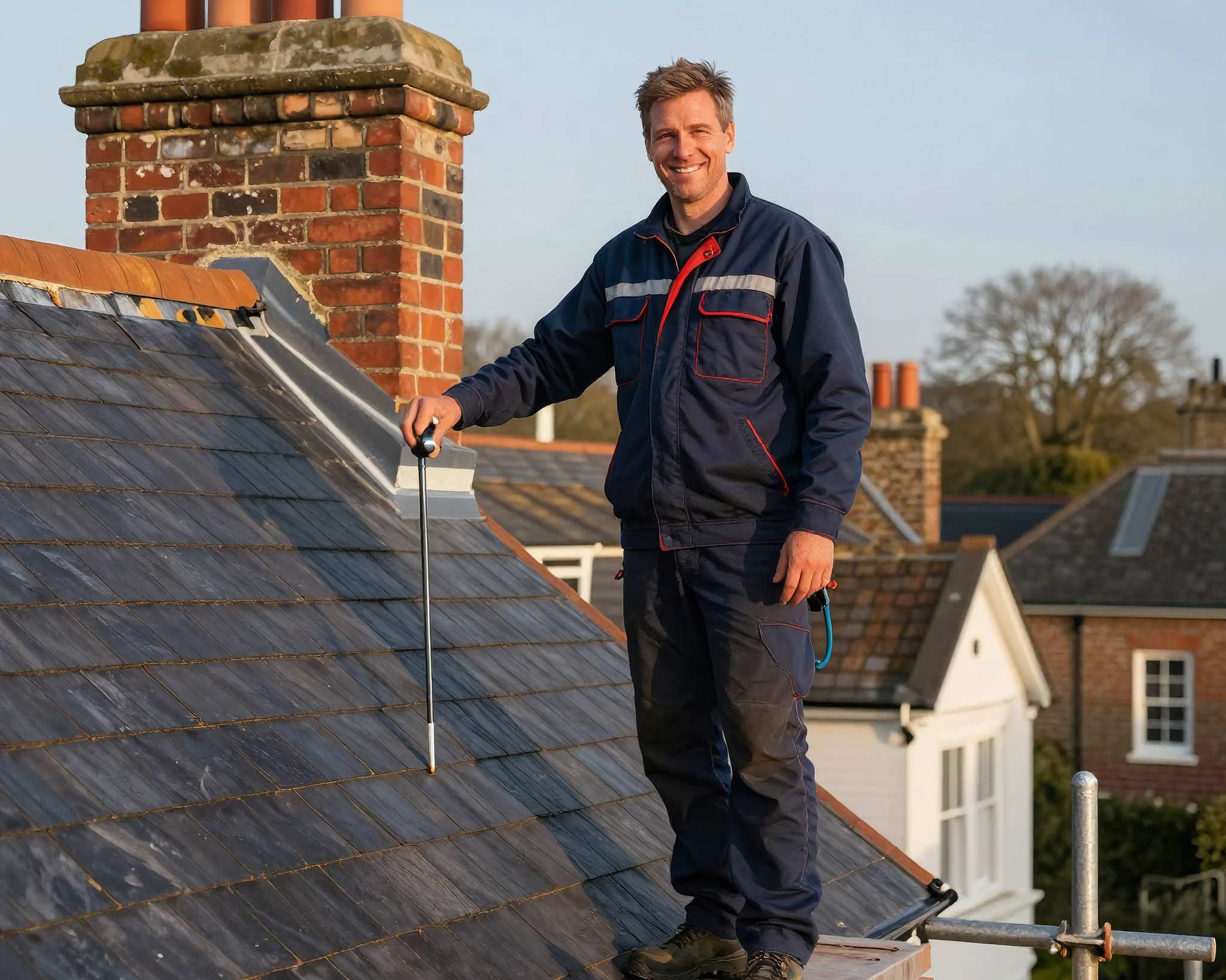 A smiling roofer standing on scaffolding beside a newly slated Victorian roof in Cambridge