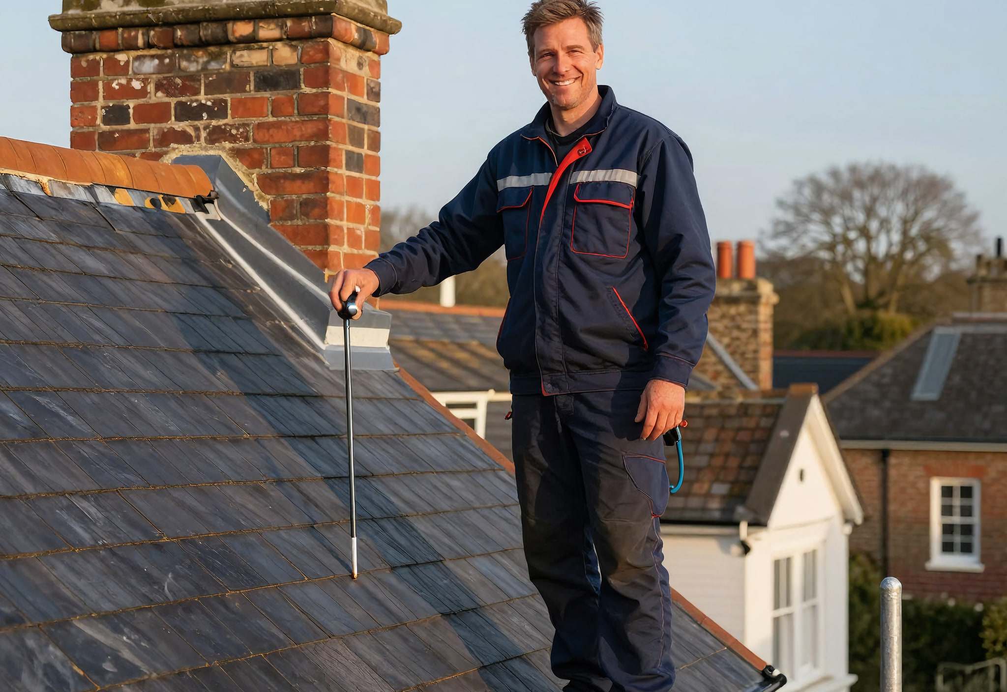 A friendly roofer on scaffolding beside a newly slated Victorian roof in Cambridge