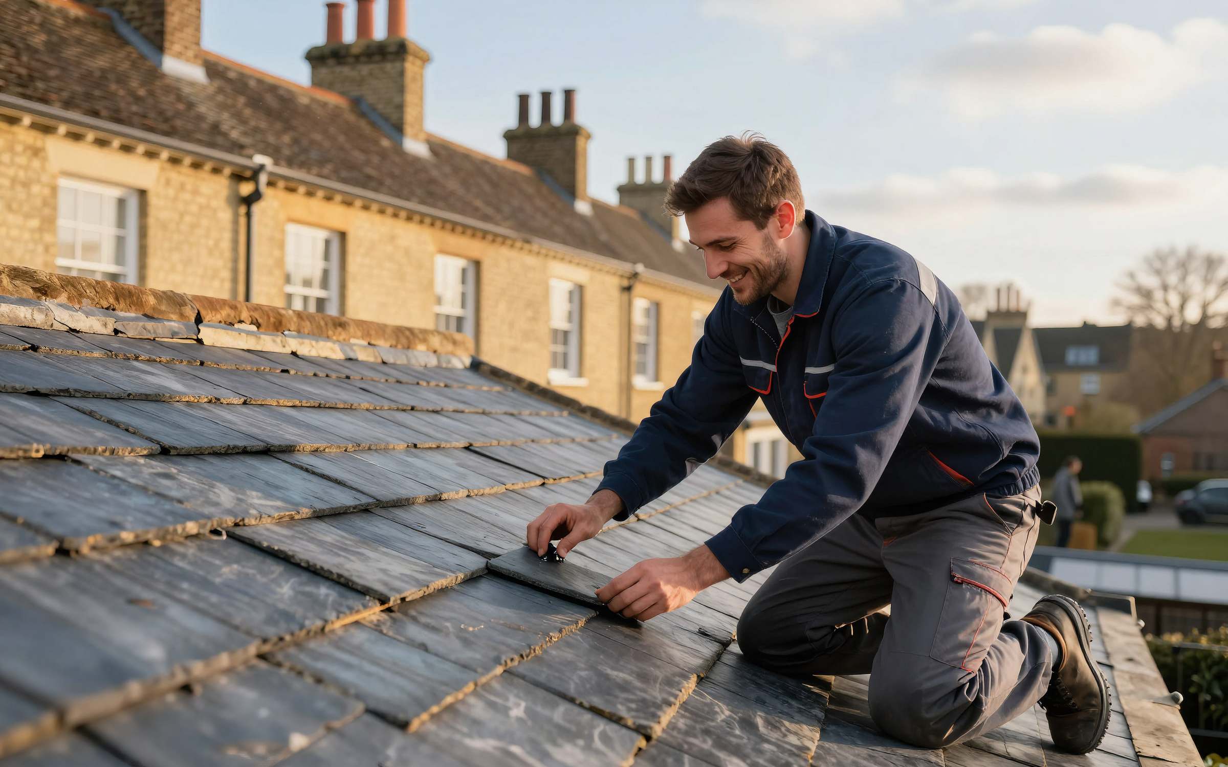 A roofer fitting a replacement slate on a Victorian terrace roof, with pale brick houses and clay chimney pots behind