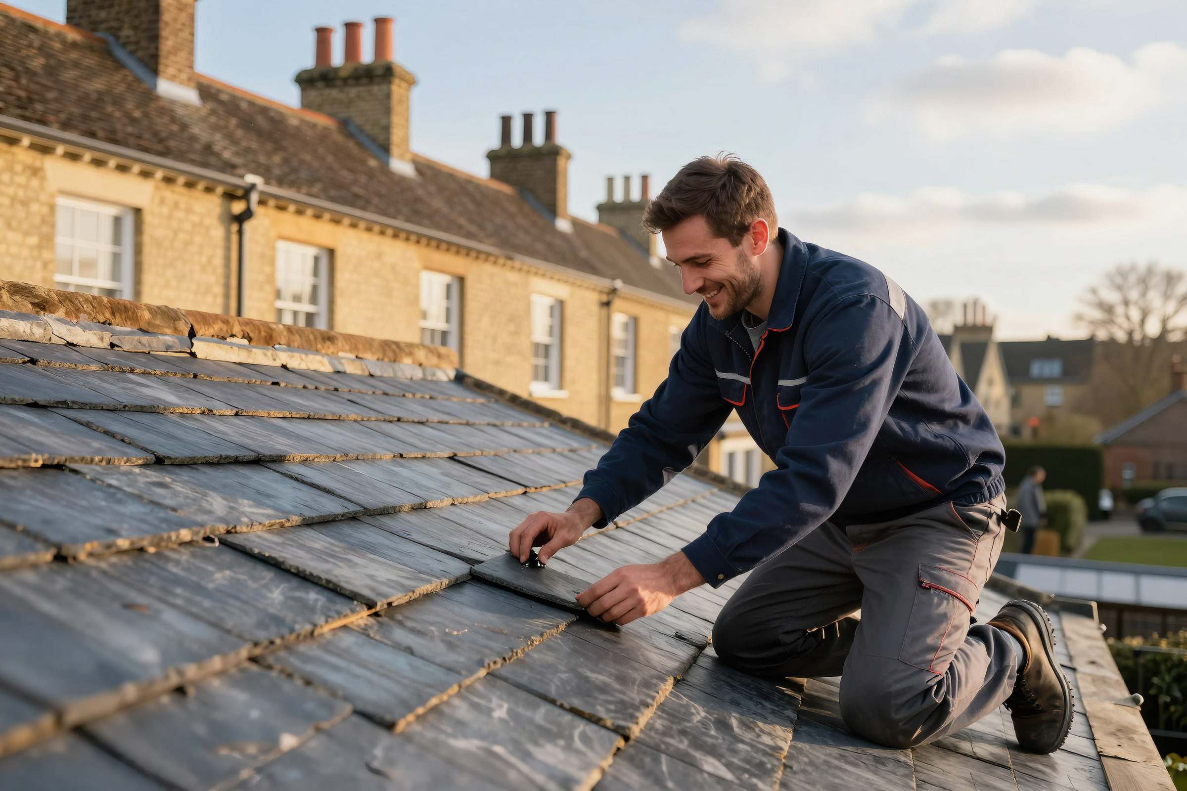 Roofer kneeling to refix a slate on a terrace roof, with brick chimney stacks behind