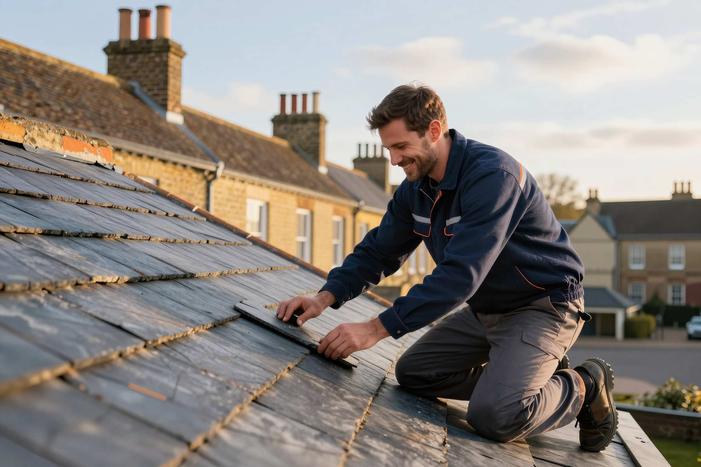 A roofer fitting new Welsh slates on a Victorian terrace roof at golden hour