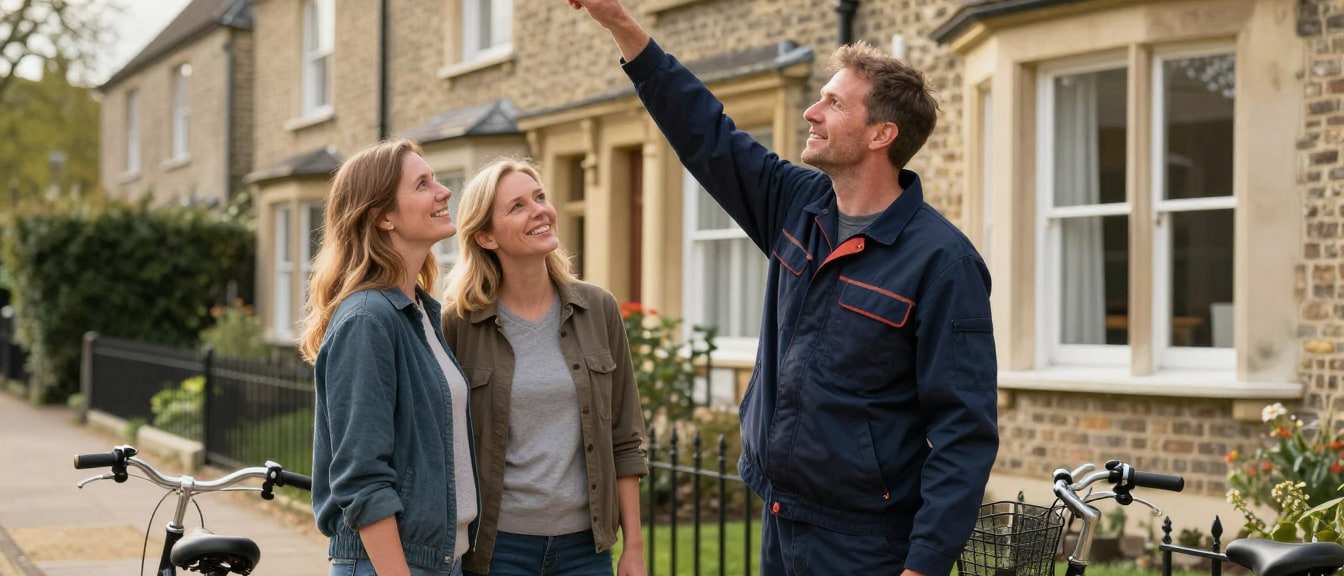 A homeowner and a roofer talking through roof work outside a house