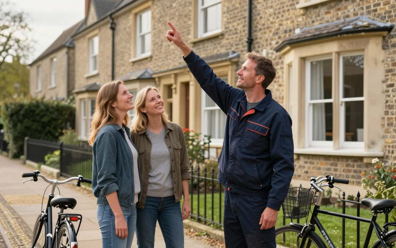 A homeowner and a roofer talking through roof work outside a house