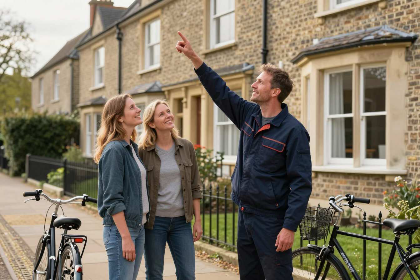 A roofer in a navy work jacket pointing up at a house roof while talking to a homeowner couple on their front path