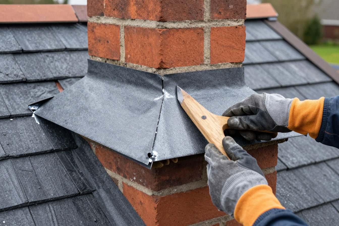 Close-up of a roofer dressing new lead flashing around a brick chimney on a slate roof