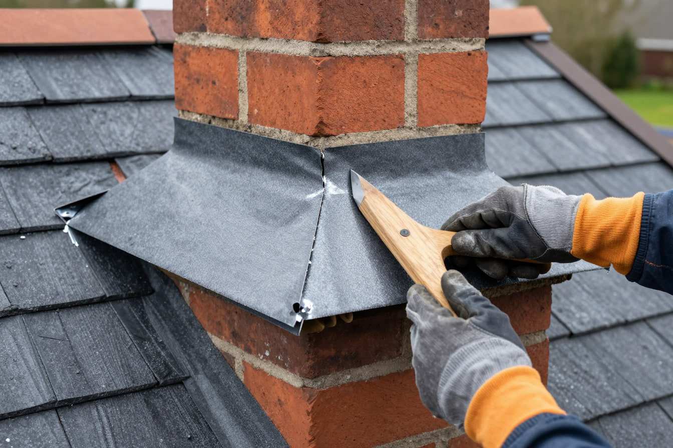 Roofer dressing a lead apron flashing around a red brick chimney stack on a slate roof with a wooden lead dresser