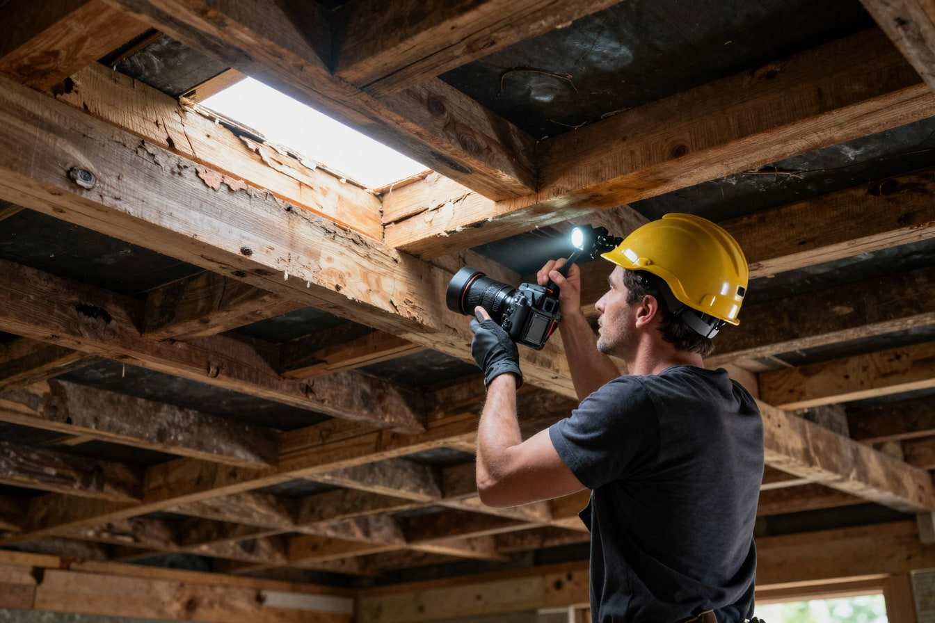 Roofer in a hard hat photographing roof timbers and underlay while tracing the source of a leak
