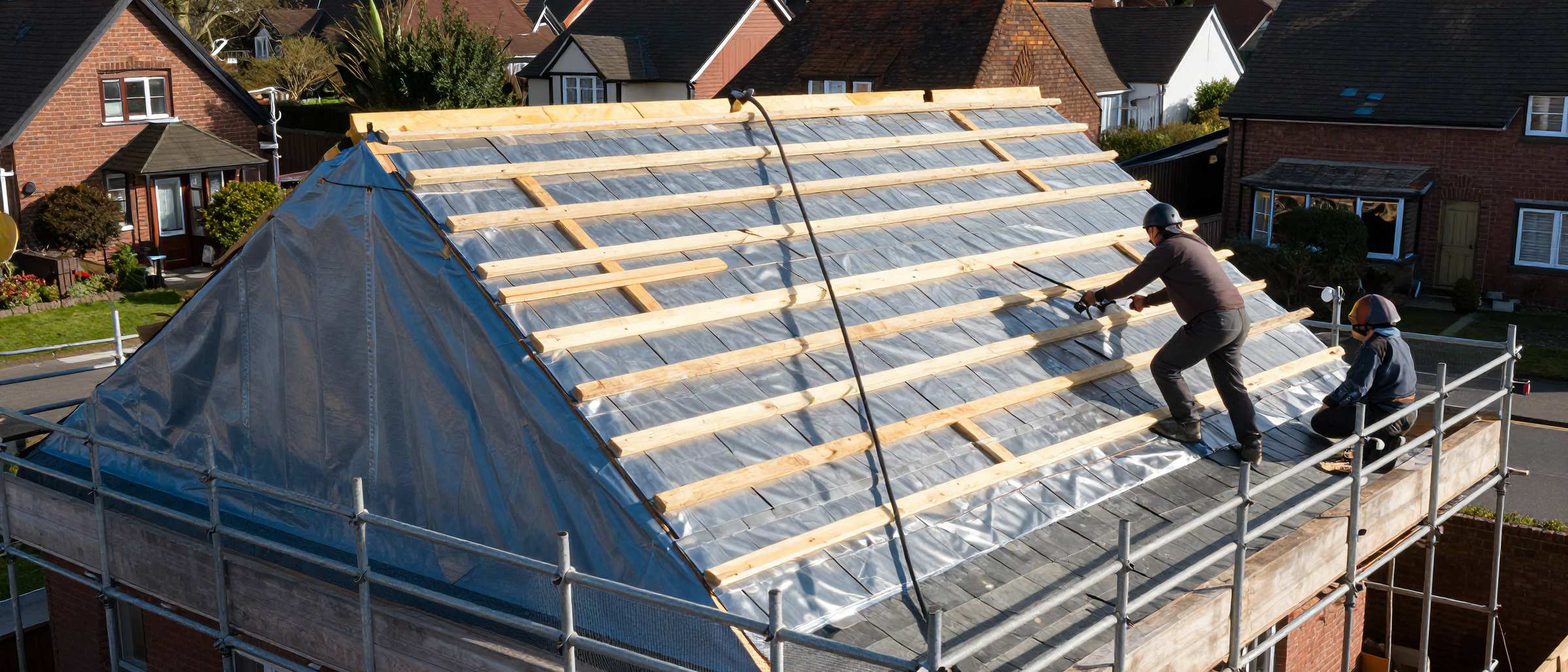 Roofers fixing new battens over breathable membrane on scaffolding during a full roof replacement