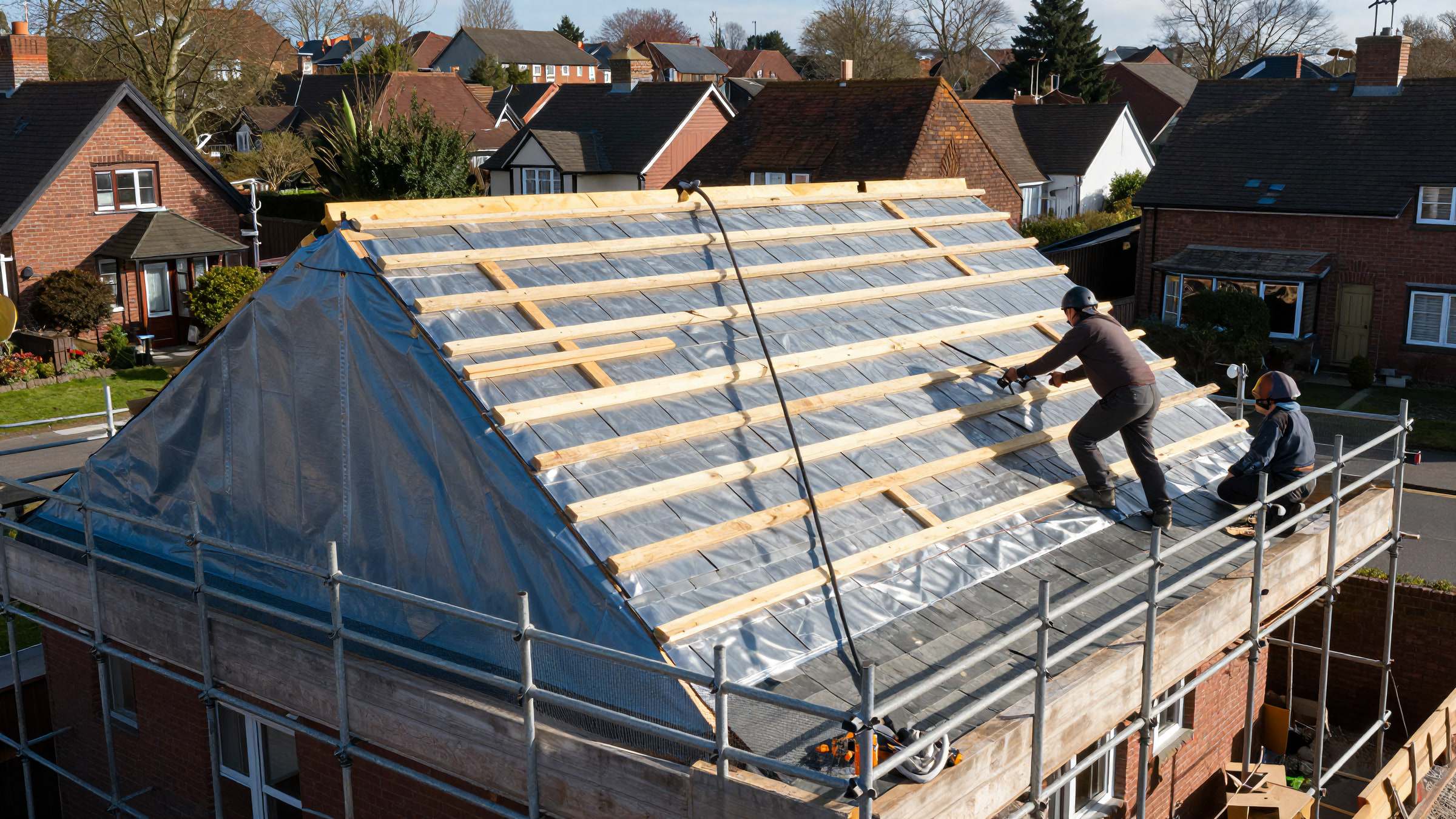 Two roofers laying new slates over fresh battens and breathable membrane during a full roof replacement