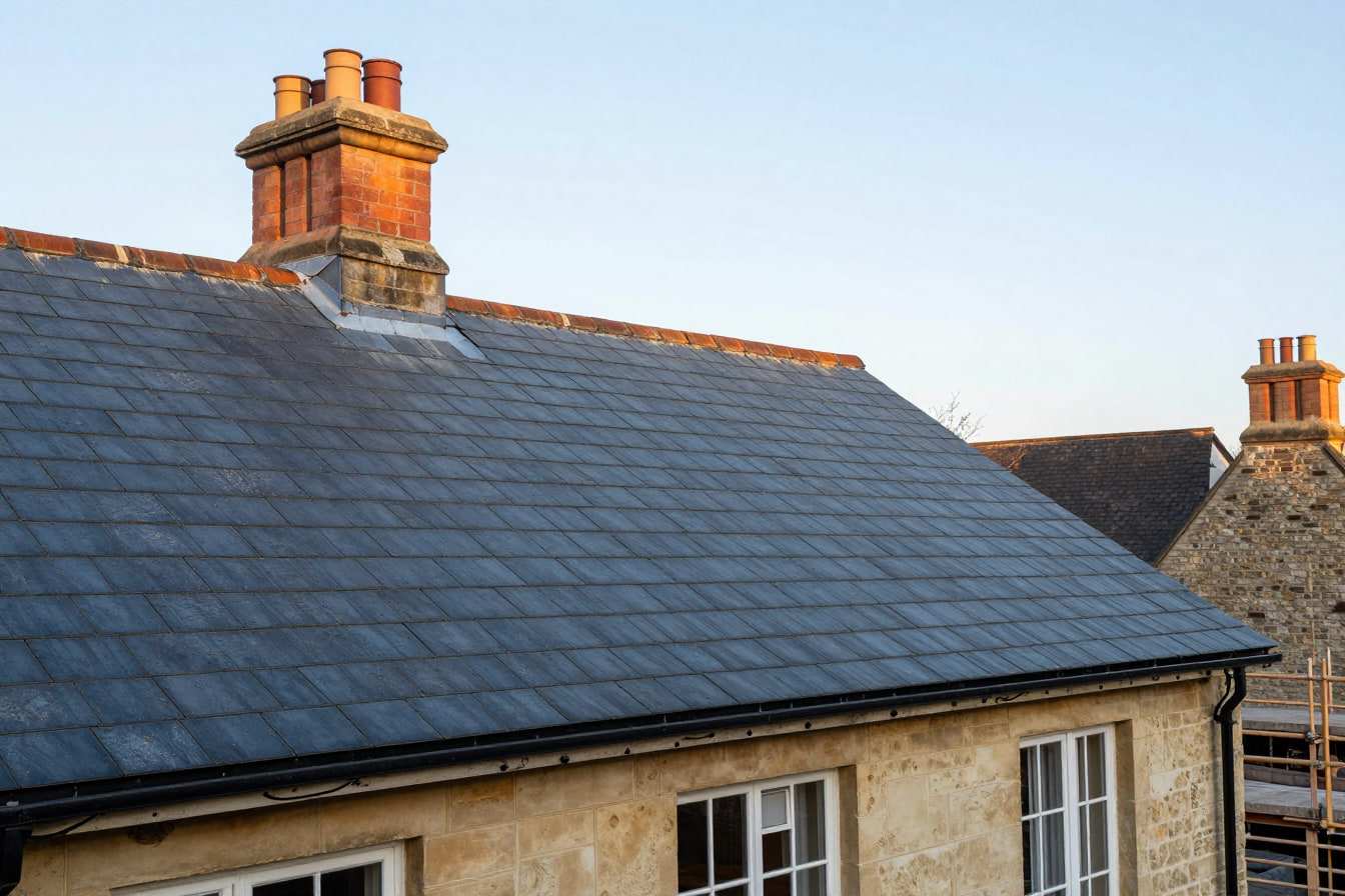 A neatly finished blue-grey slate pitched roof with a brick chimney stack on a period house