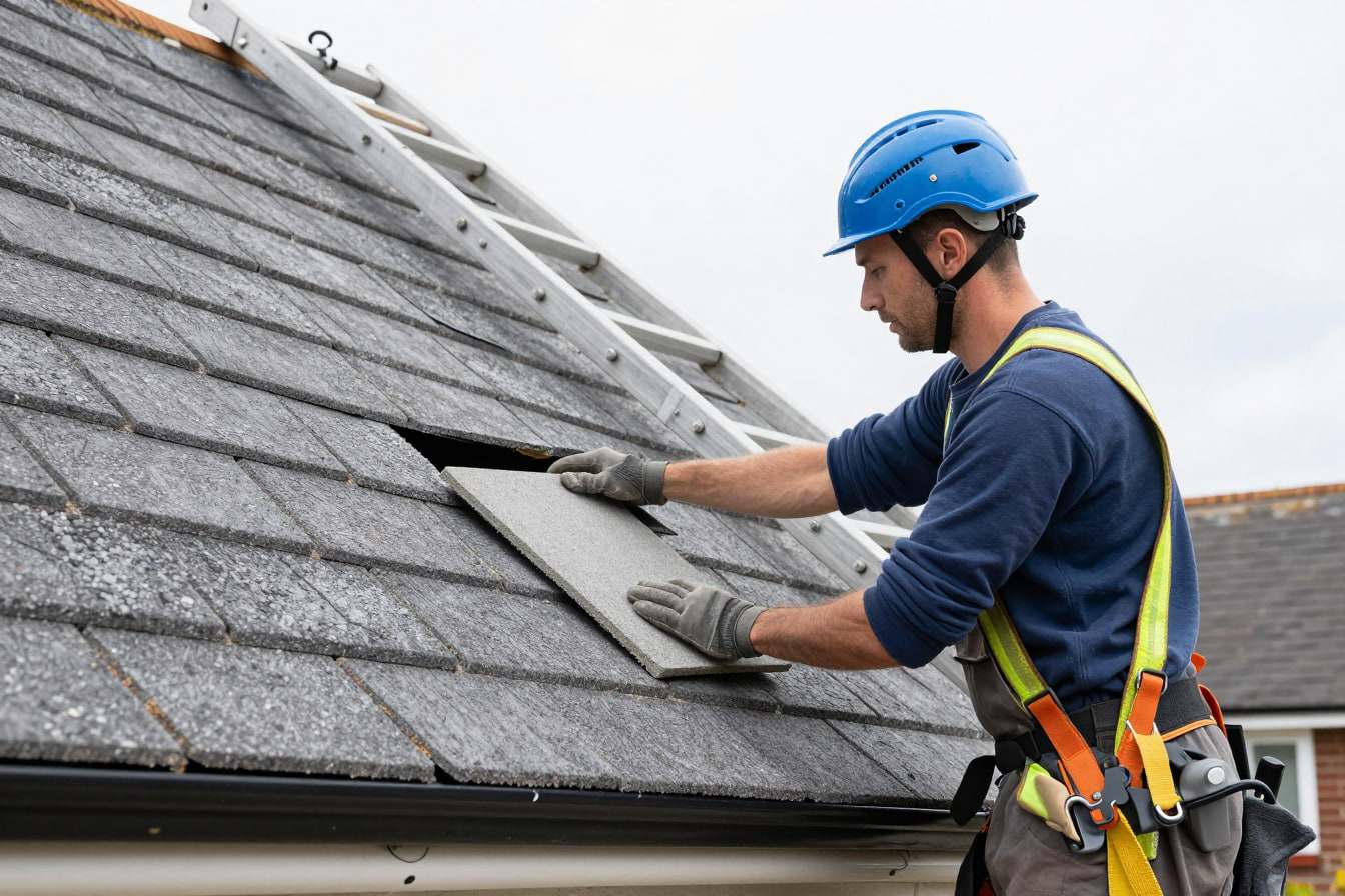 A roofer in a blue helmet replacing a broken grey roof tile using a roof ladder