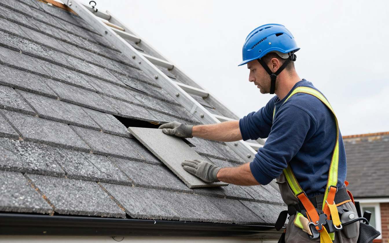 A roofer with a roof ladder replacing a broken grey roof tile on a pitched house roof