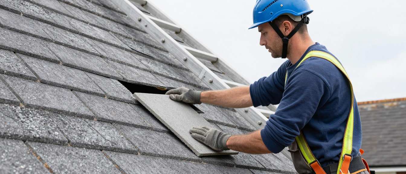 A roofer with a roof ladder replacing a broken grey roof tile on a pitched house roof
