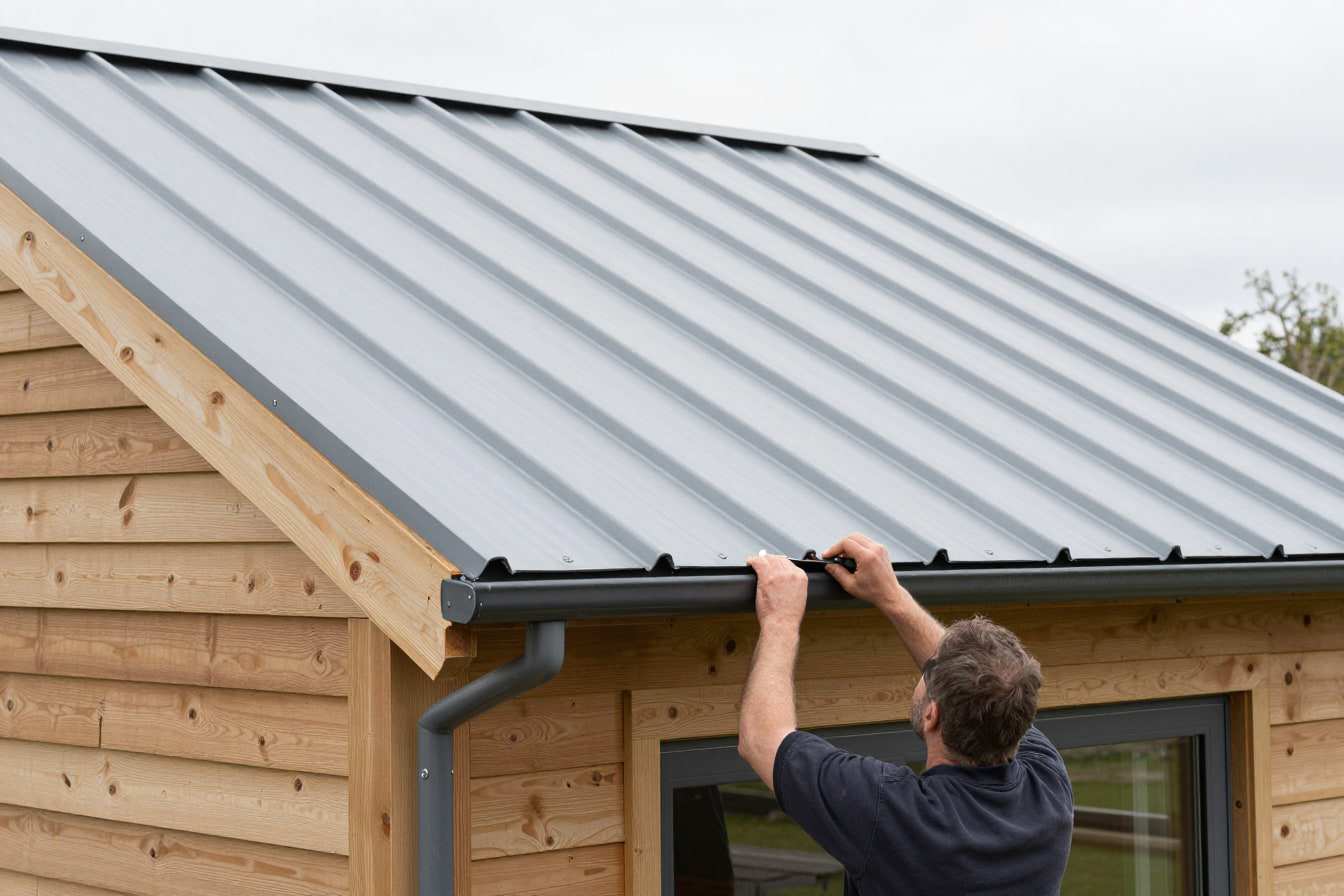 Roofer crimping a standing seam on a new zinc roof over a timber-clad garden room extension