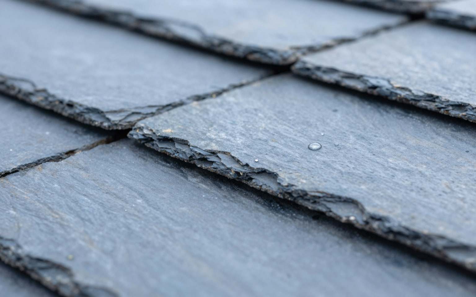 Close-up of overlapping natural slate roof courses with a weathered dark grey finish