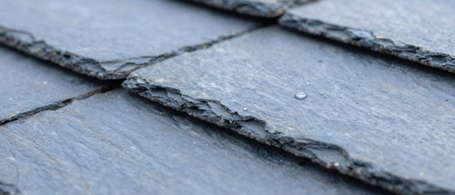Close-up of overlapping natural slate roof courses with a weathered dark grey finish