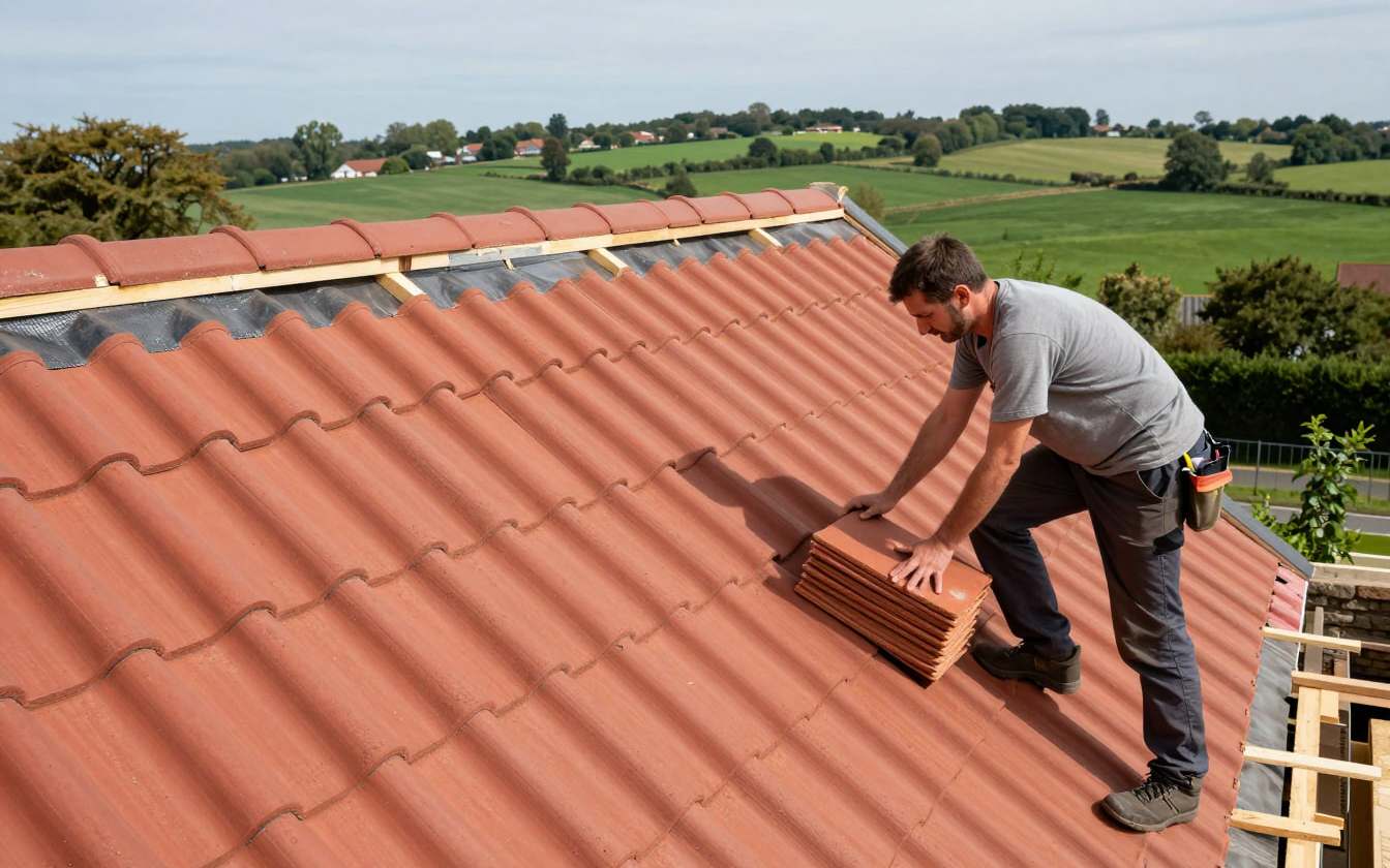 A roofer laying new red clay plain tiles on timber battens on a cottage roof, with countryside beyond