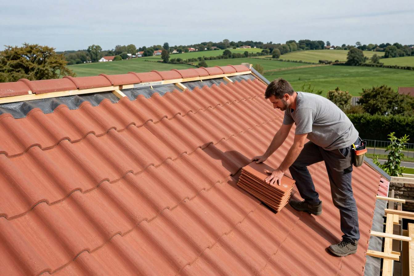 Roofer laying new clay roof tiles on battens along a pitched roof slope