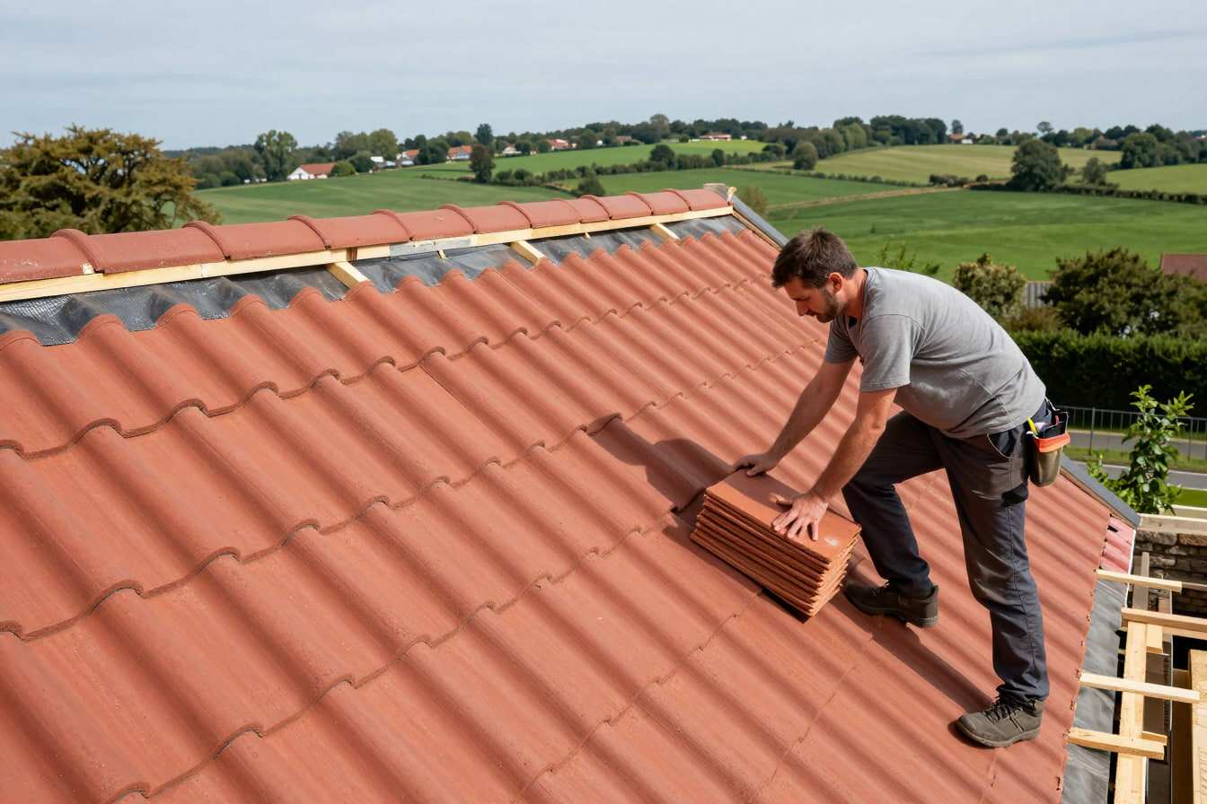 A roofer laying new red clay plain tiles on timber battens on a cottage roof, with countryside beyond