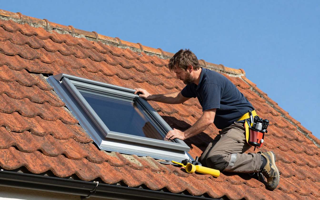 A new Velux-style roof window with grey flashing fitted into a tiled pitched roof above a loft room