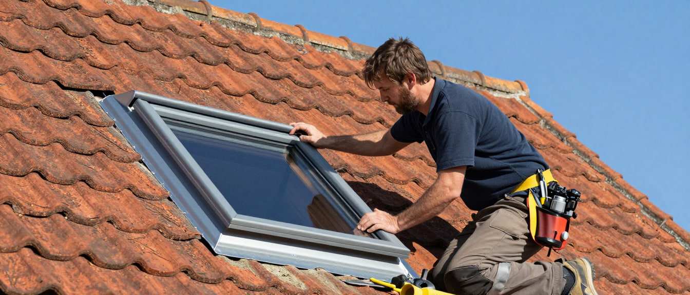 A new Velux-style roof window with grey flashing fitted into a tiled pitched roof above a loft room
