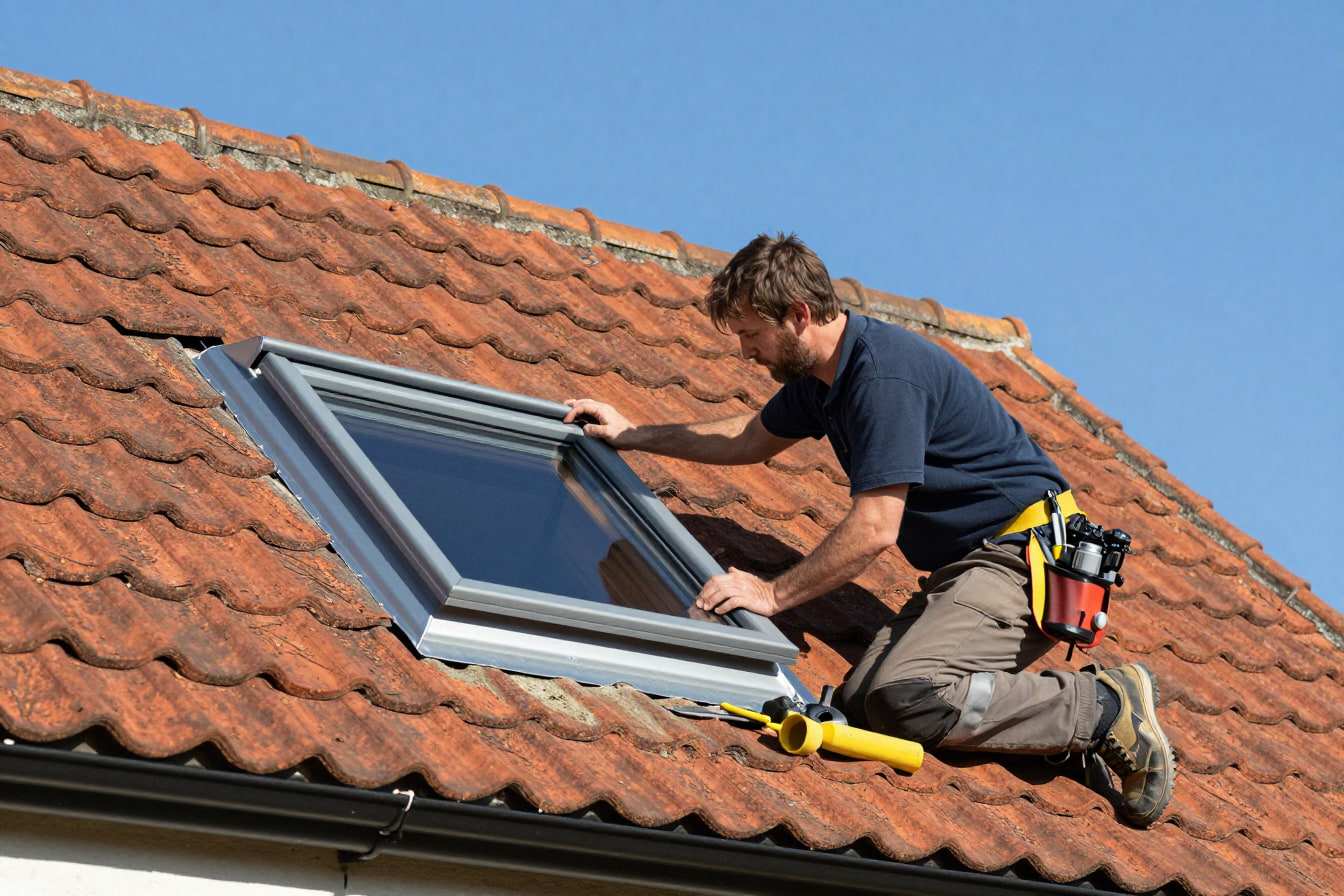 Roofer fitting a new grey-framed roof window and flashing into a red clay pantile roof on a sunny day